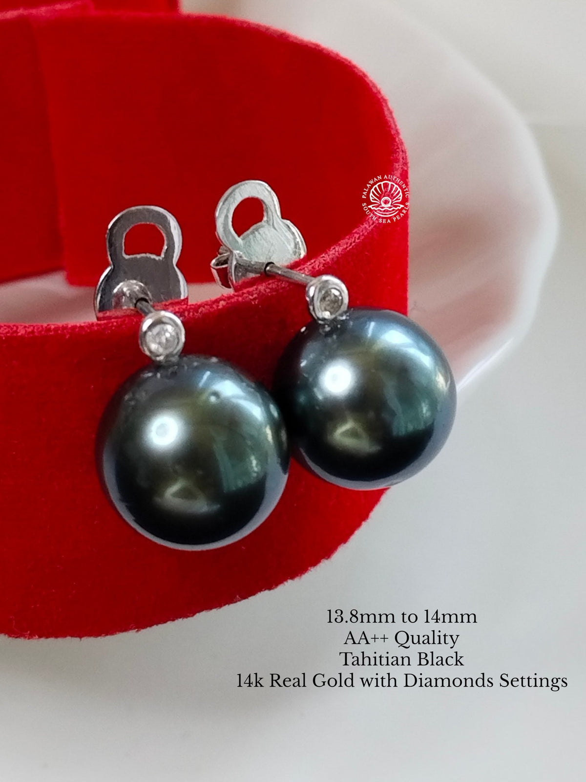 13.8mm to 14mm Palawan Authentic Tahitian Black Color South Sea Pearl in 14k Real Gold and Diamonds