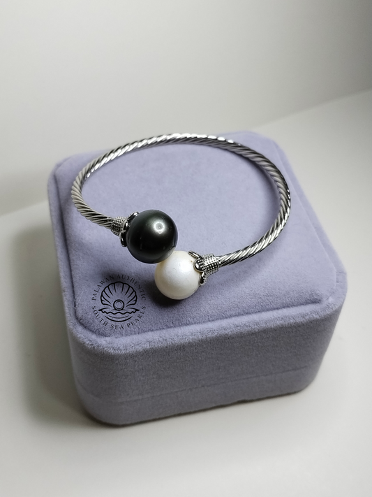 11.1 to 12.4mm Palawan Authentic White and Black Color South Sea Pearl Bangle in 5 Micron Plated Settings