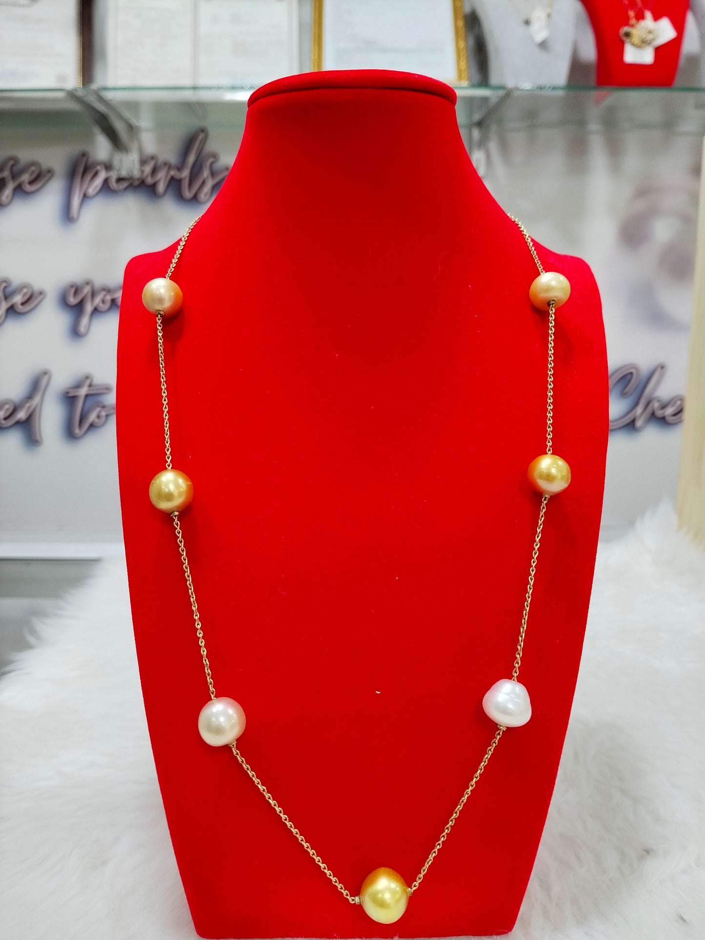 12mm to 13.5mm Multi Color South Sea Pearls Station Necklace in 10K Gold