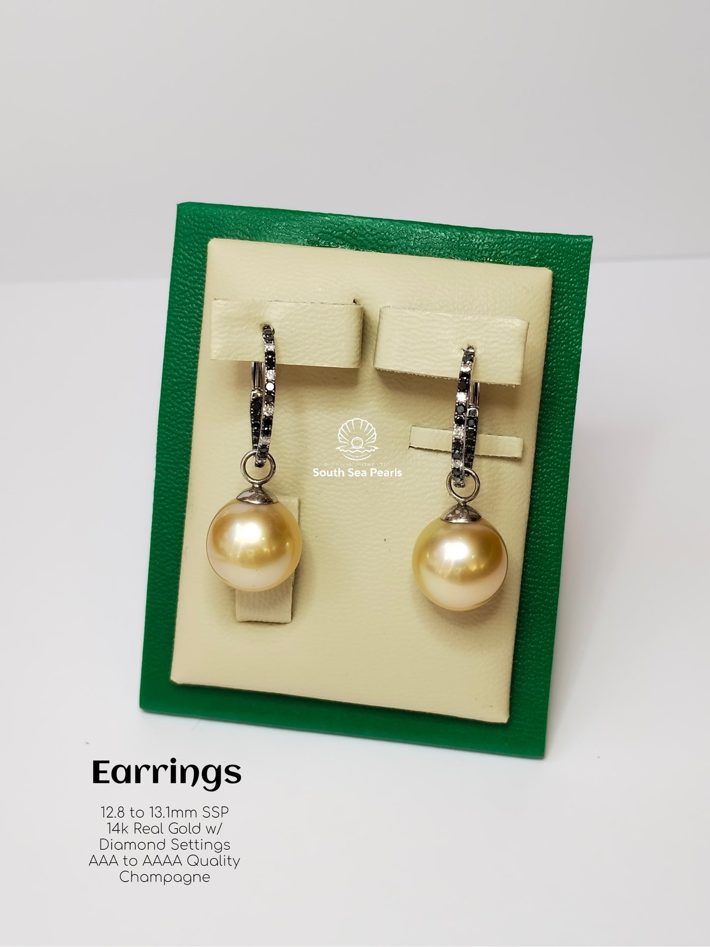 12.8mm to 13.1mm Palawan Authentic Champagne Color South Sea Pearl in 14k Real Gold and Diamonds