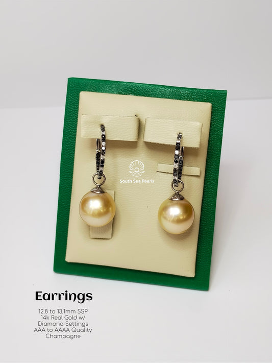 12.8mm to 13.1mm Palawan Authentic Champagne Color South Sea Pearl in 14k Real Gold and Diamonds
