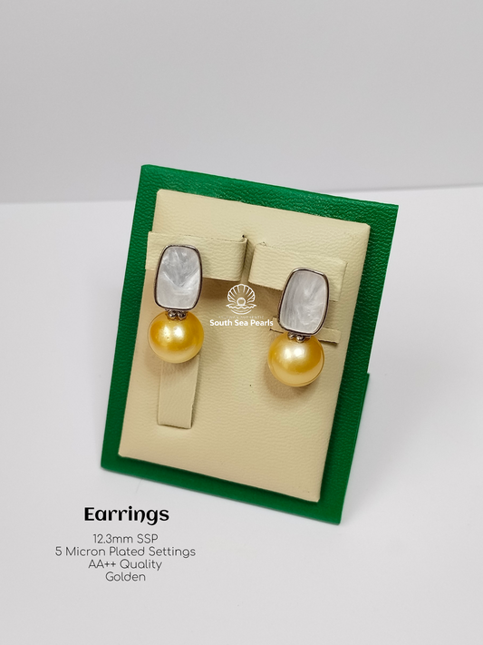 12.3mm Palawan Authentic Golden Color South Sea Pearl Earrings in 5 Micron Plated Settings