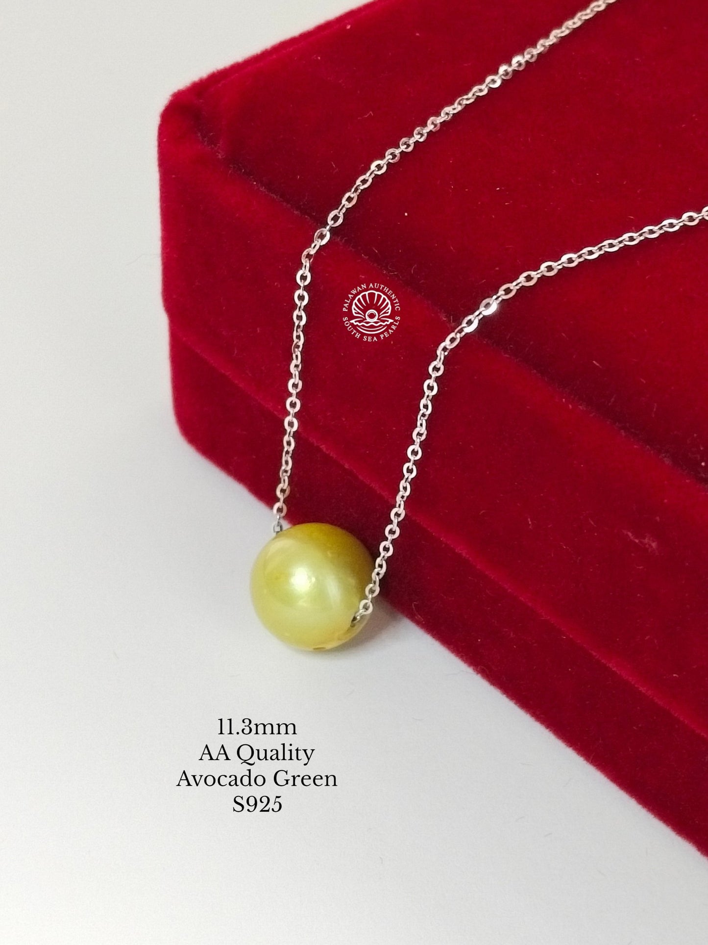 11.3mm Palawan Authentic Avocado Green Color South Sea Pearl Floating Necklace in S925