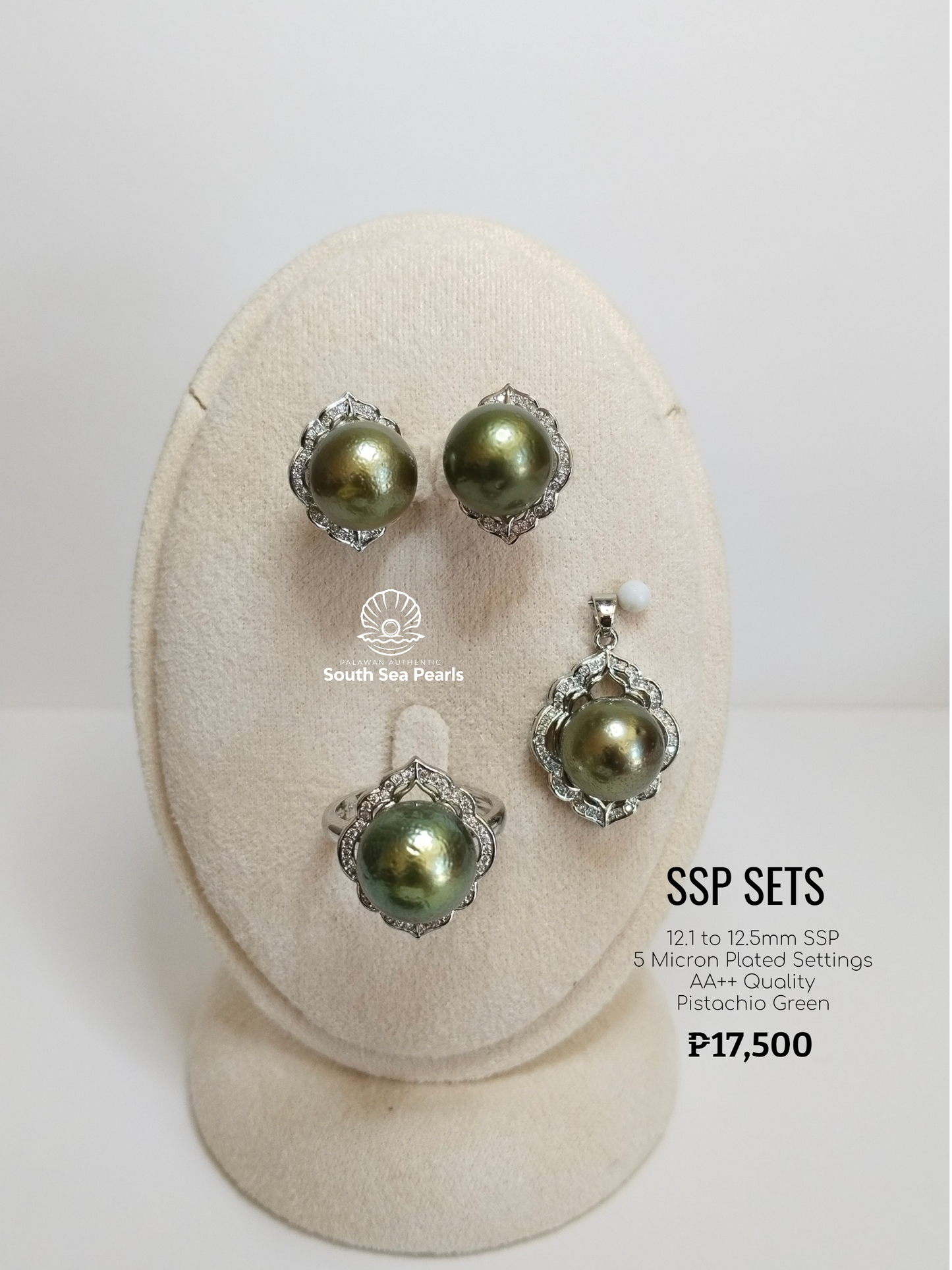 12.1mm to 12.5mm Palawan Authentic Pistachio Green Color South Sea Pearl Sets in 5 Micron Plated Settings