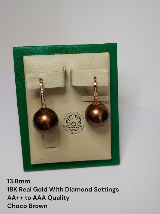 13.8mm Palawan Authentic Choco Brown Color South Sea Pearl in 18k Real Gold and Diamonds