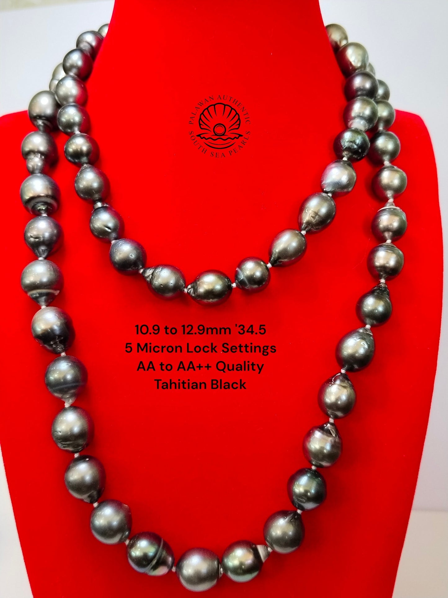 10.9 to 12.9mm Palawan Authentic Tahitian Black Color South Sea Pearl Choker in 5 Micron Lock Settings