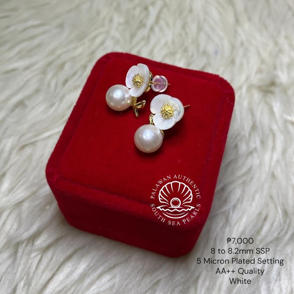 New Arrival! 8 to 8.2mm Palawan Authentic White South Sea Pearls Earrings in 5 microns Plated Settings