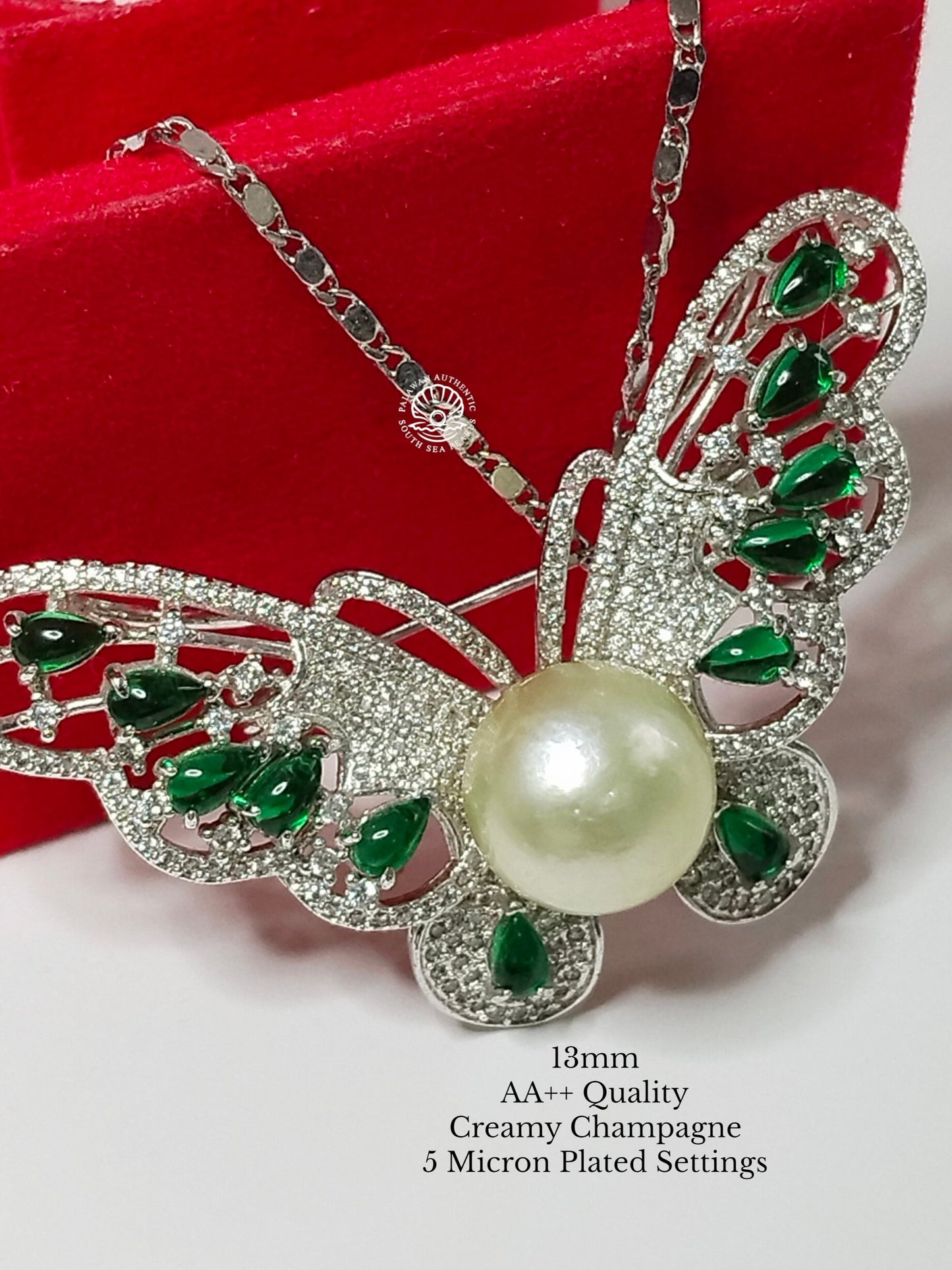 13mm Palawan Authentic Creamy White Color South Sea Pearl Brooch in 5 Micron Plated Settings