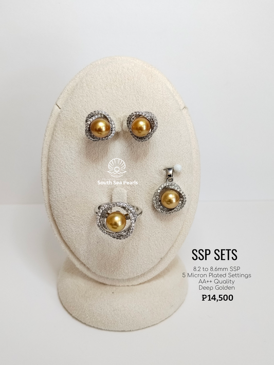 8.2mm to 8.6mm Palawan Authentic Deep Golden Color South Sea Pearl Sets in 5 Micron Plated Settings