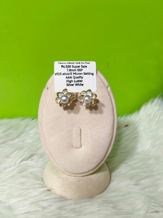 New Arrival! 7.8mm Authentic Silver White Color South Sea Pearl Earring in S925 Stick and 5 Micron Plated Settings