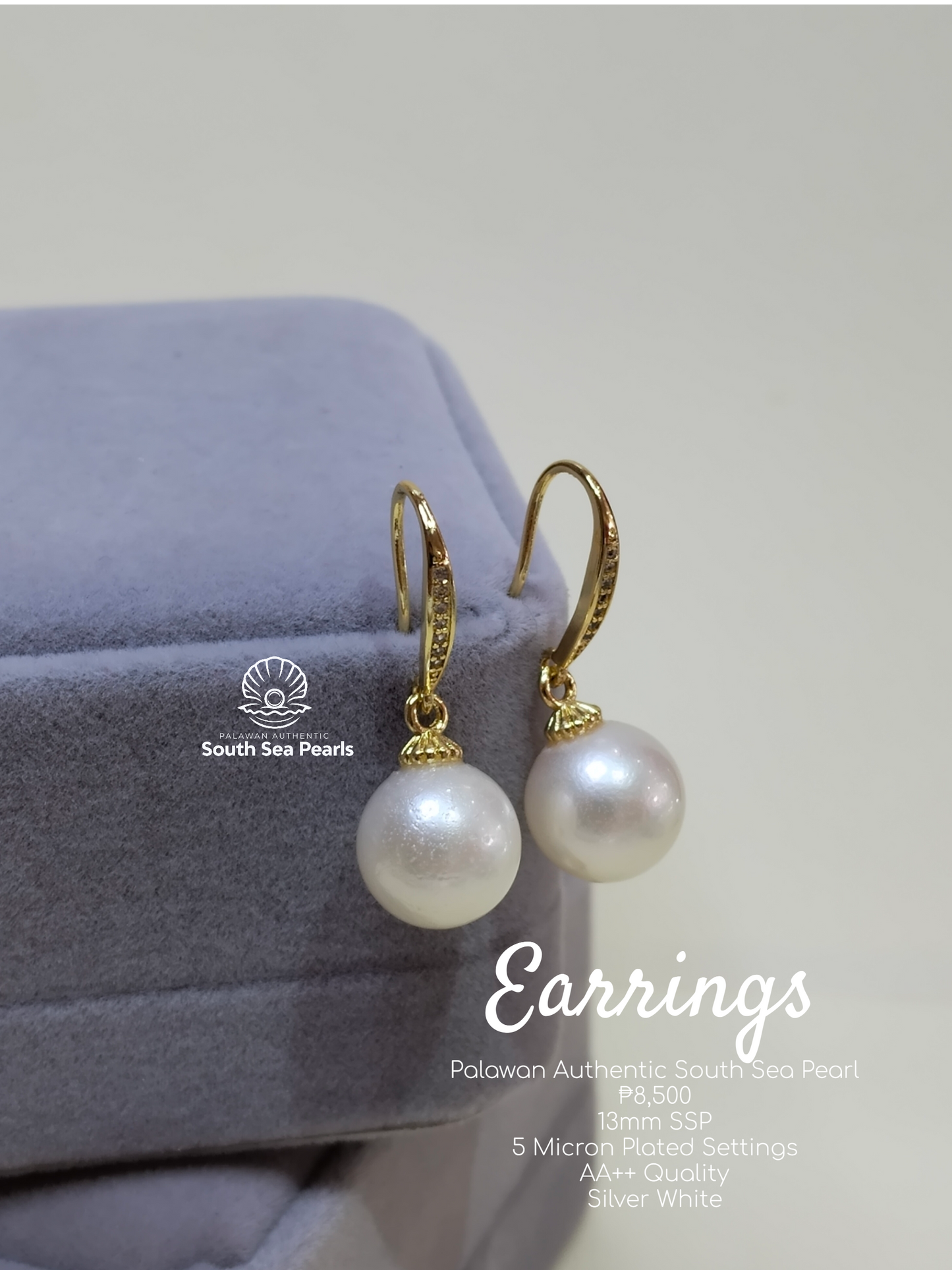 13mm Authentic South Sea Pearls Earrings Set in 5 Microns Settings