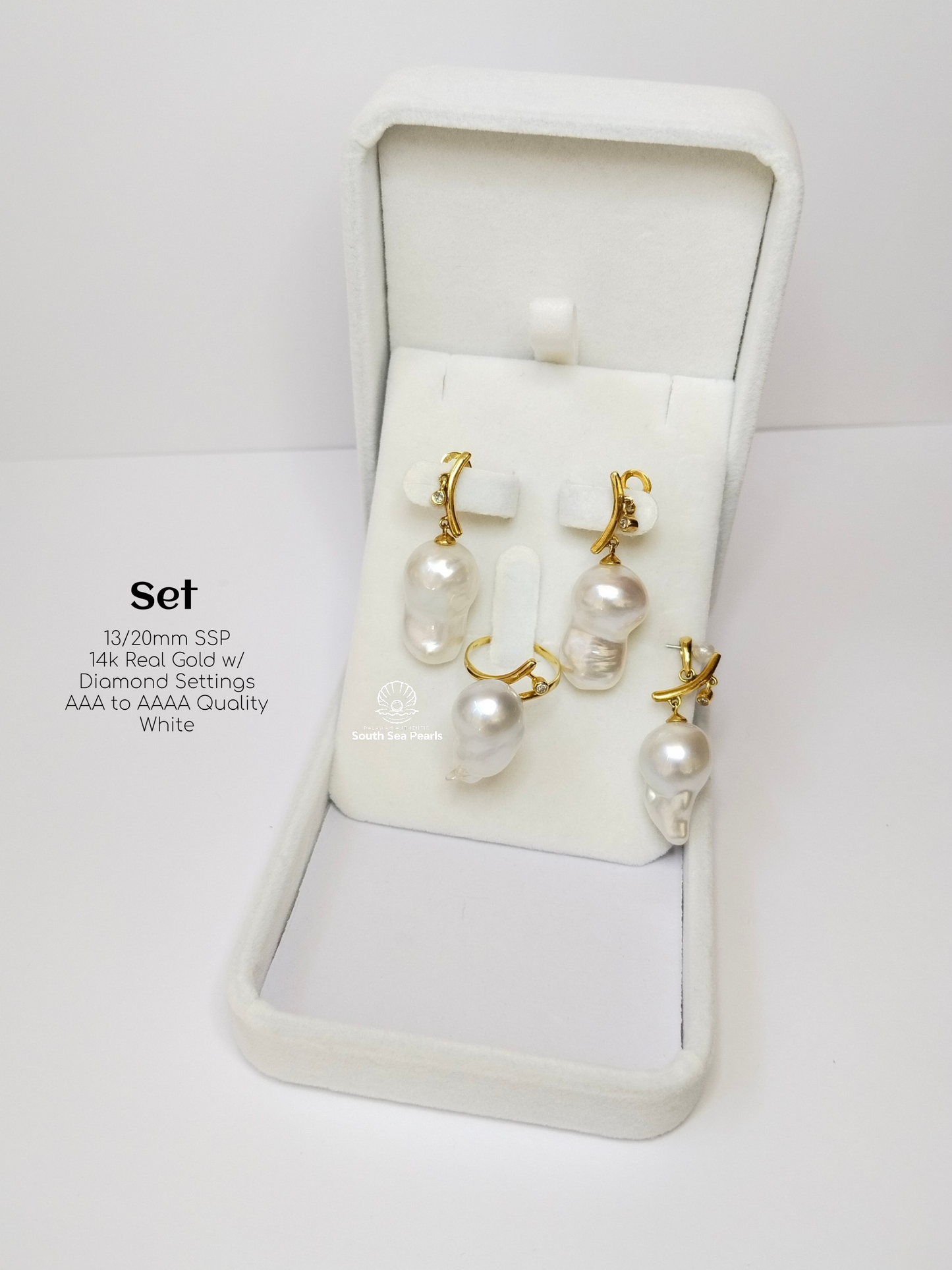 13/20mm Palawan Authentic White Color South Sea Pearl in 14k Real Gold and Diamonds