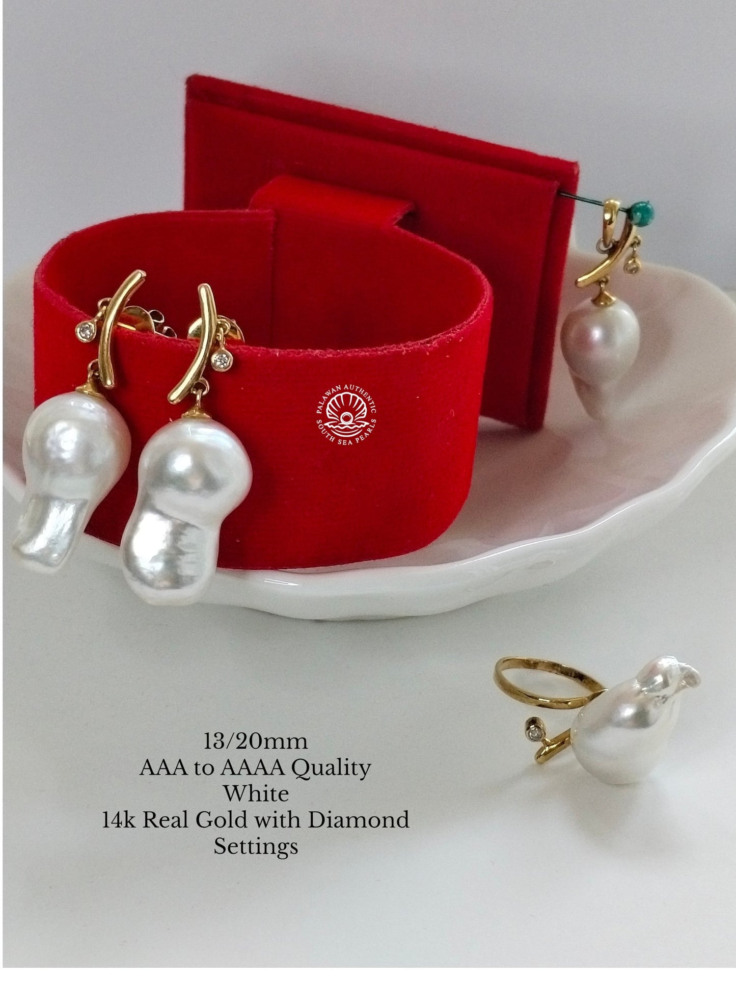 13/20mm Palawan Authentic White Color South Sea Pearl in 14k Real Gold and Diamonds