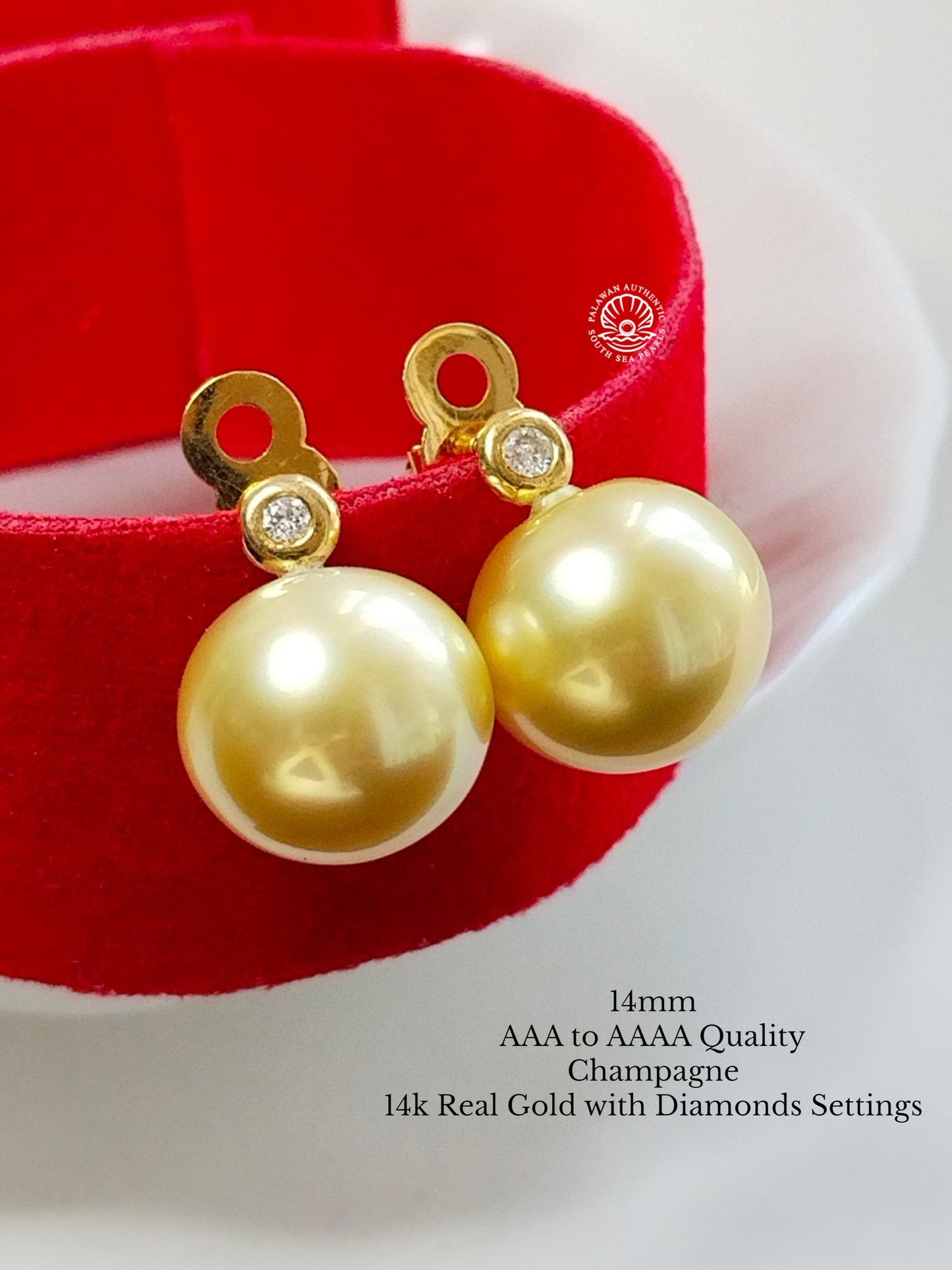 14mm Palawan Authentic Champagne Color South Sea Pearl in 14k Real Gold and Diamonds