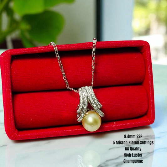New Arrival! 9.4mm Authentic Champagne Color South Sea Pearls Pendant in 5 Micron Plated Settings