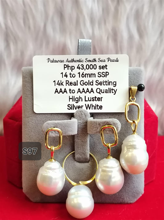 14mm to 16mm Authentic Silver White Color South Sea Pearls Set in 14K Gold Settings