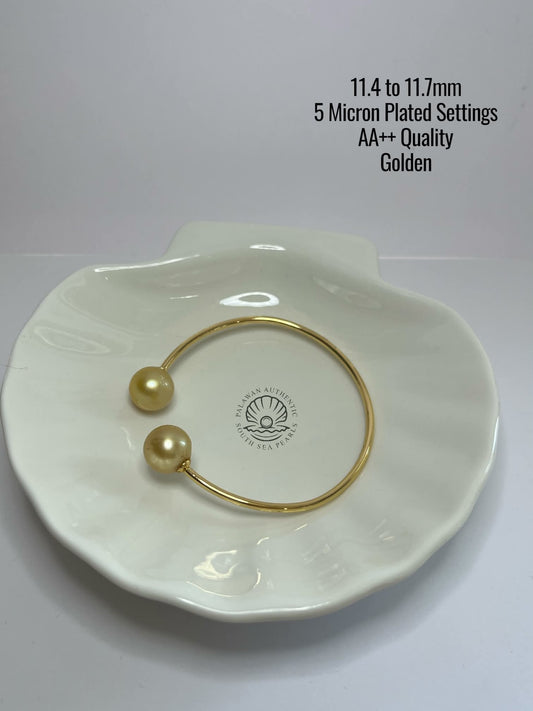 11.4 to 11.7mm Palawan Authentic Golden Color South Sea Pearl Bangle in 5 Micron Plated Settings