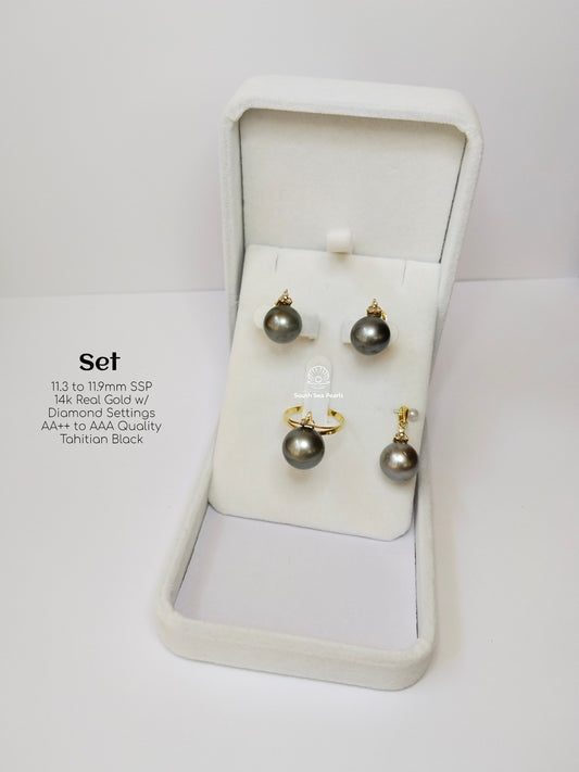 11.3mm to 11.9mm Palawan Authentic Tahitian Black Color South Sea Pearl in 14k Real Gold and Diamonds