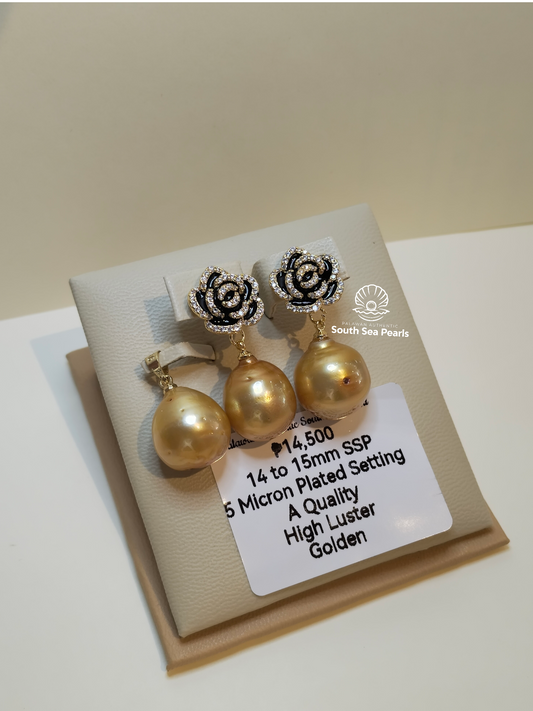 14mm to 15mm Authentic Golden South Sea Pearls in 5 Microns Plated Settings