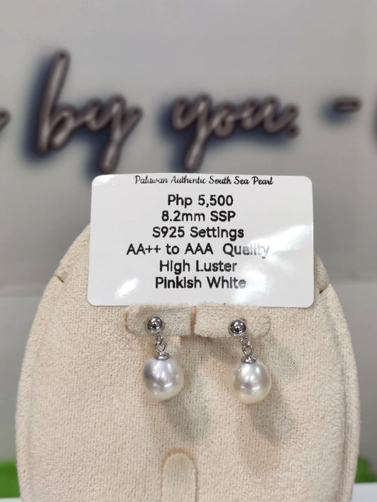 8.2mm Authentic Pinkish White South Sea Pearls Earrings in Sterling Silver Settings