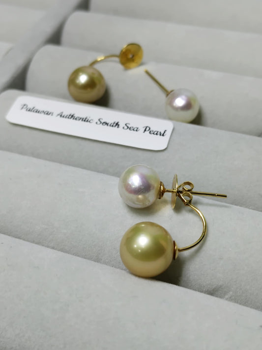 New Arrival! 8.6mm to 10mm Authentic White and Golden Color South Sea Pearl Earrings in 14k Real Gold Settings