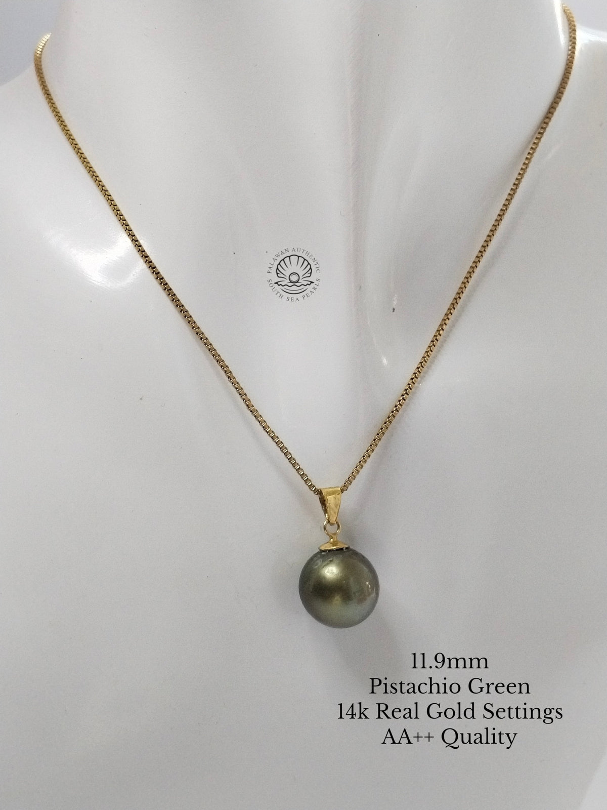 11.9mm Palawan Authentic Pistachio Green Color South Sea Pearl Pendant in 14k Real Gold Settings
