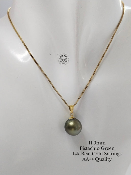 11.9mm Palawan Authentic Pistachio Green Color South Sea Pearl Pendant in 14k Real Gold Settings