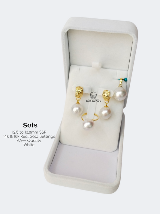 12.5mm to 13.8mm Palawan Authentic White Color South Sea Pearl Sets in 14k and 18k Real Gold Settings