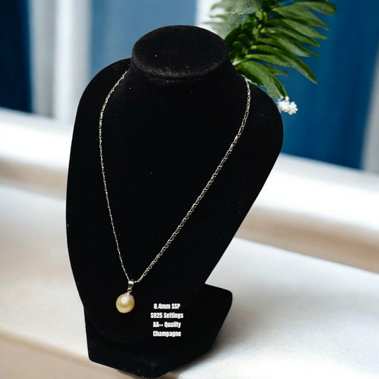 New Arrival! 8.4mm Authentic Champagne Color South Sea Pearls Pendant in S925 Settings