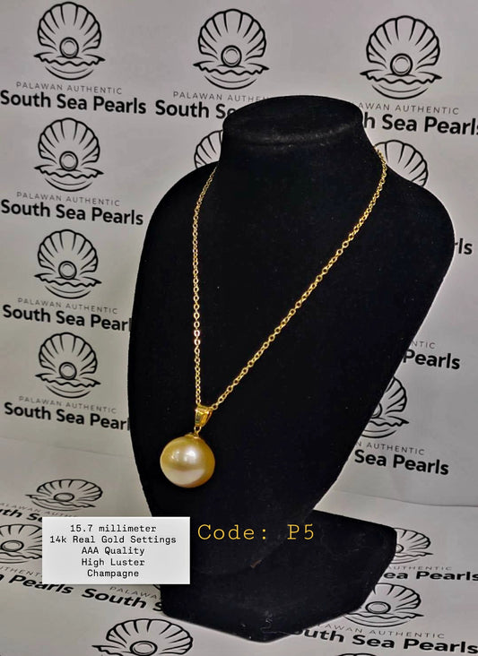 New Arrival! 15.7mm Authentic Champagne Color South Sea Pearls Pendant in 14K Gold Settings