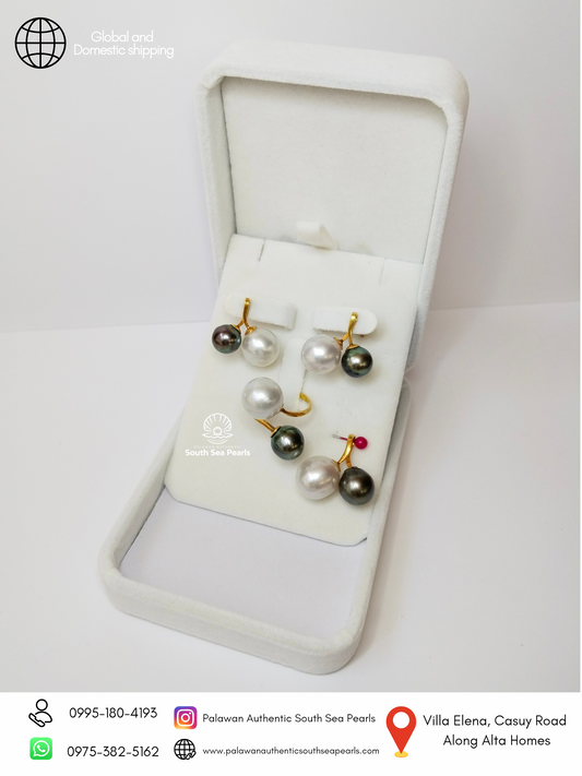 8.9mm to 11.7mm Palawan Authentic White and Peacock Color South Sea Pearl Sets in 14k Real Gold Settings
