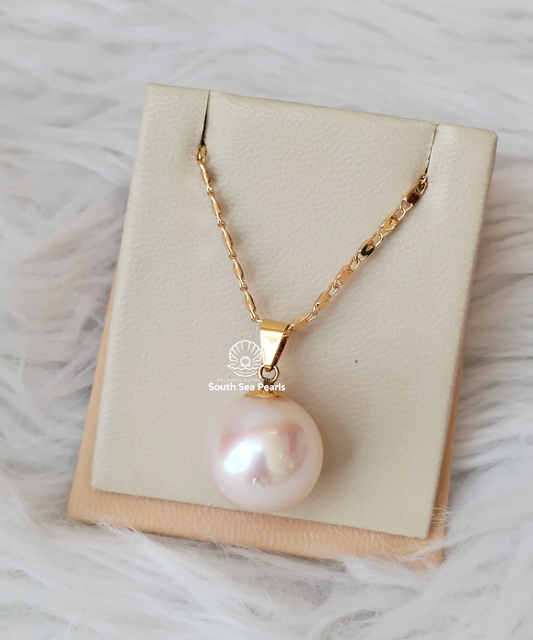 15.5mm Palawan Authentic Pinkish White Color South Sea Pearl Pendant in 14k Real Gold Settings