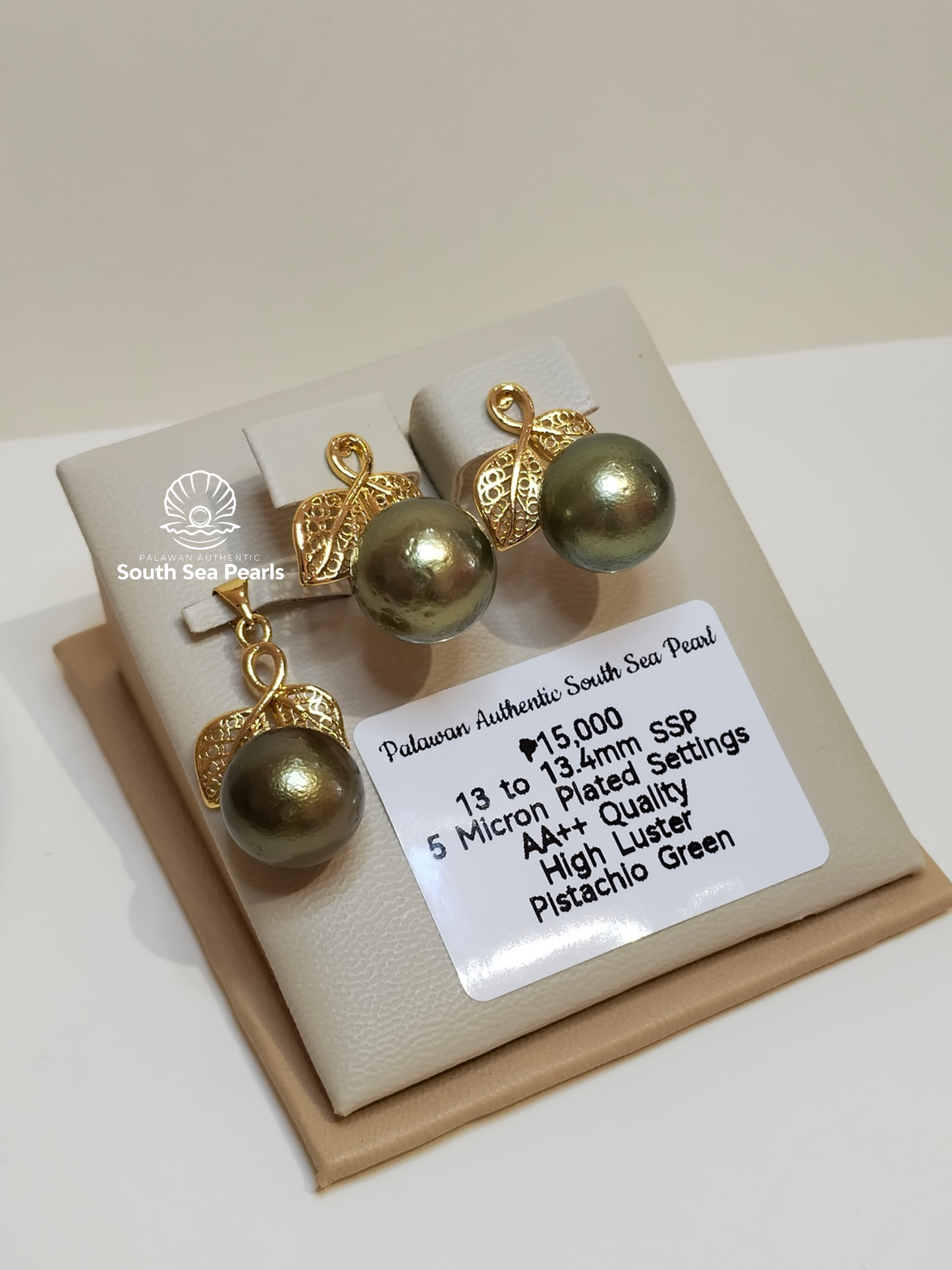 13 to 13.4mm Authentic Pistachio Green Color South Sea Pearls Set's in 5 Micron Settings