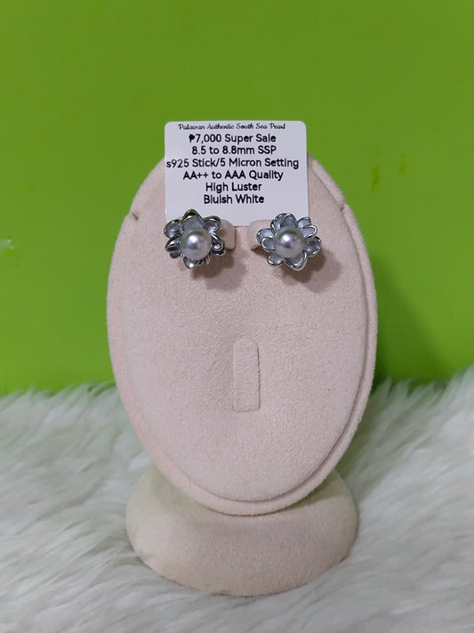 New Arrival! 8.5mm to 8.8mm Authentic Bluish White Color South Sea Pearl Earrings in S925 Sticks and 5 Micron Plated Settings