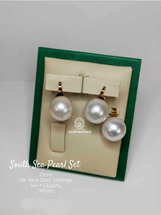 13mm Palawan Authentic White Color South Sea Pearl Sets in 14k Real Gold Settings