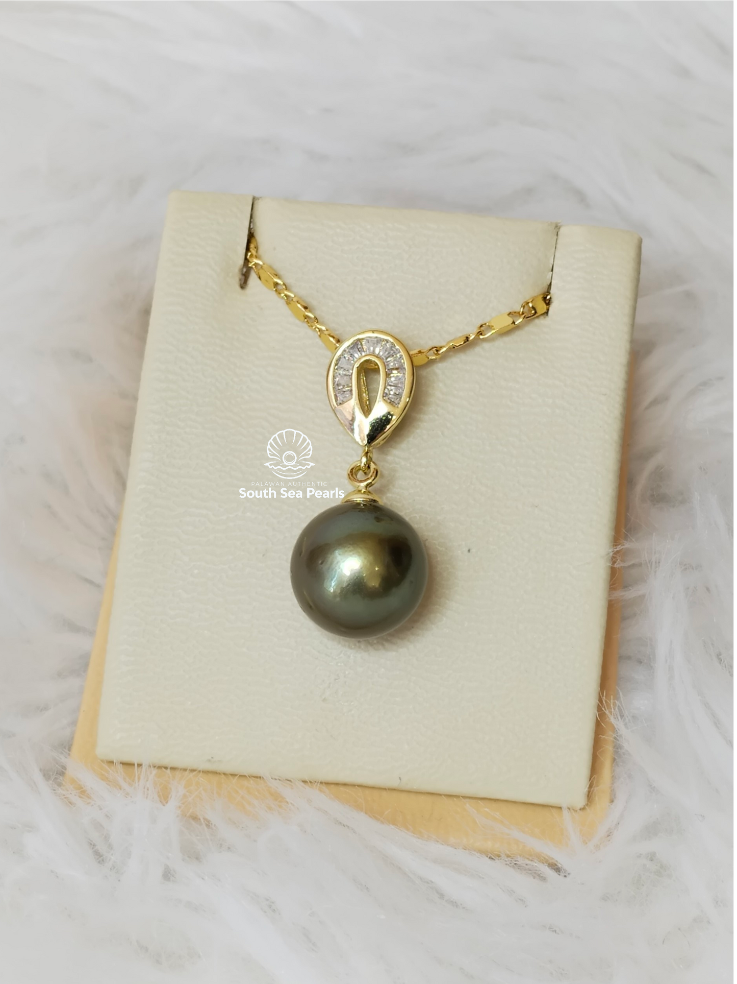12.5mm Palawan Authentic Pistachio Green Color South Sea Pearl Pendant in 5 Micron Plated Settings