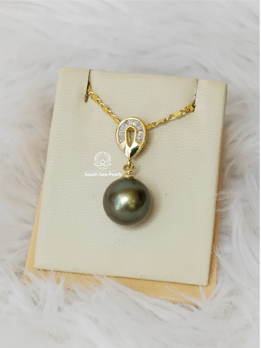 12.5mm Palawan Authentic Pistachio Green Color South Sea Pearl Pendant in 5 Micron Plated Settings