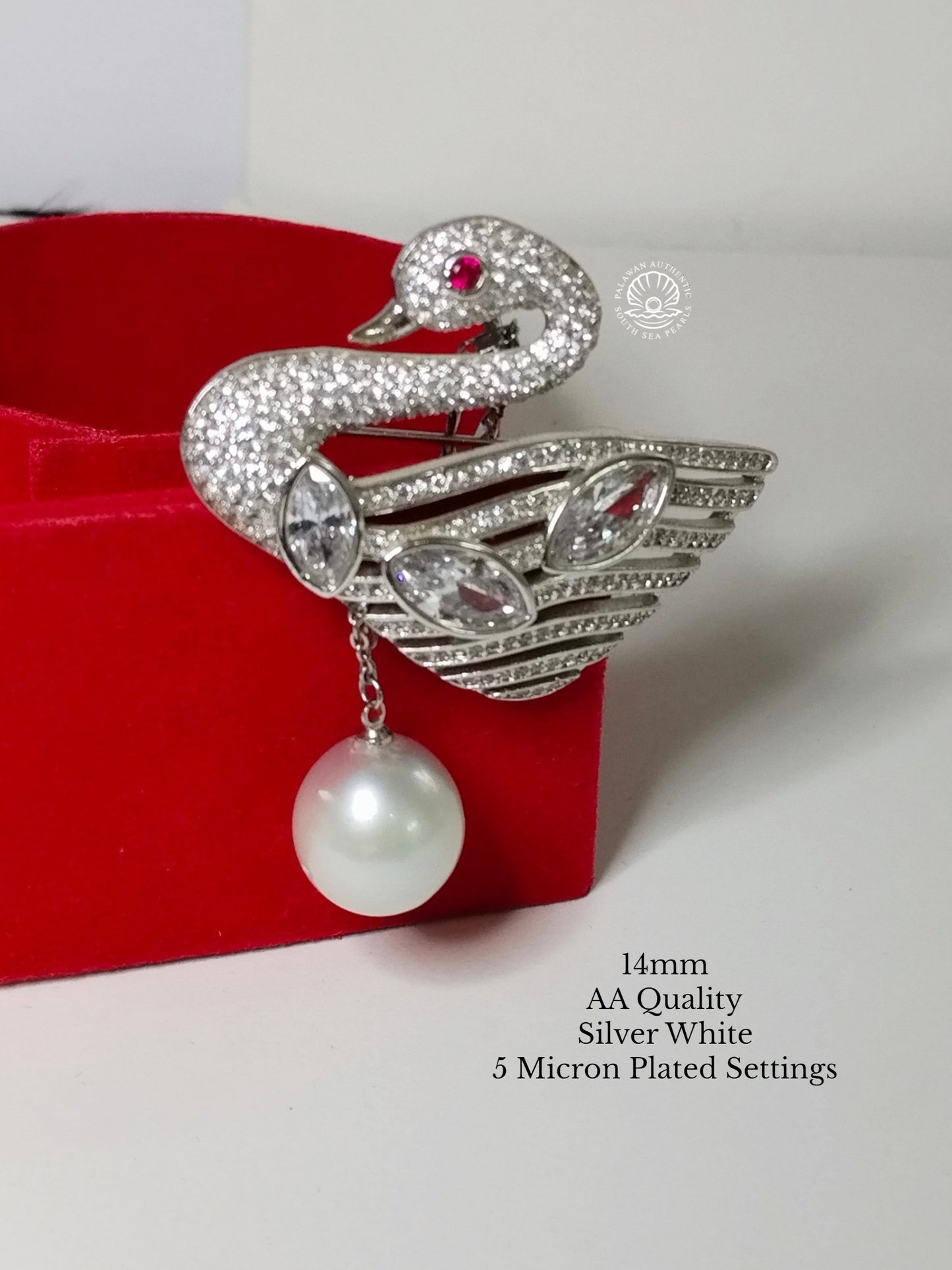 14mm Palawan Authentic Silver White Color South Sea Pearl Brooch in 5 Micron Plated Settings
