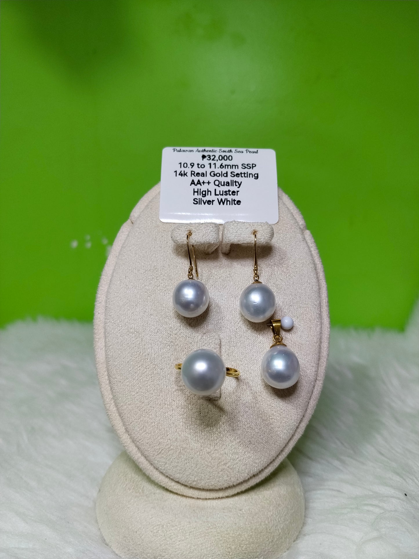 10.9mm to 11.6mm Authentic Silver White South Sea Pearl Sets in 14k Real Gold Settings