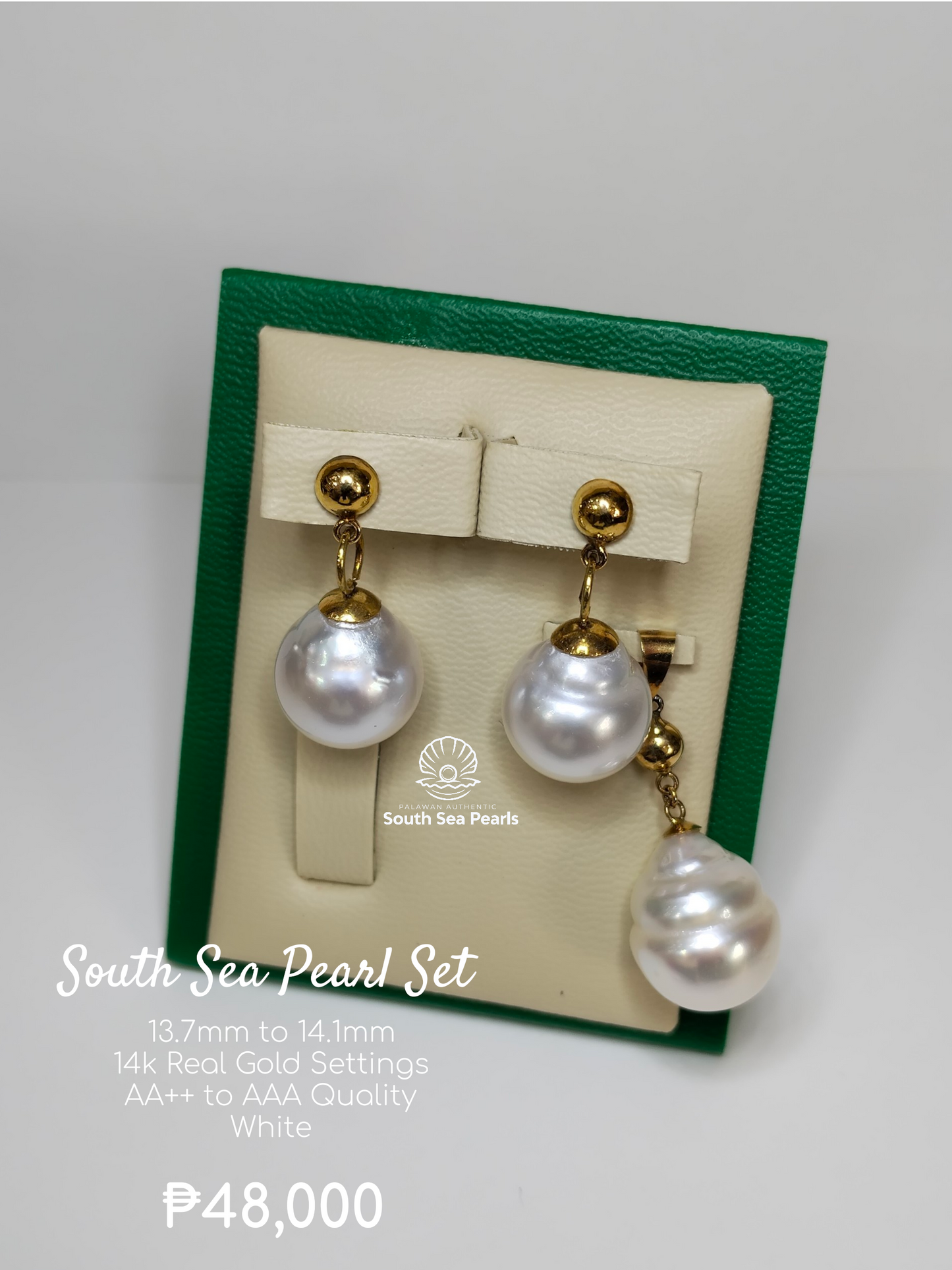 13.7mm to 14.1mm Palawan Authentic White Color South Sea Pearl Sets in 14k Real Gold Settings