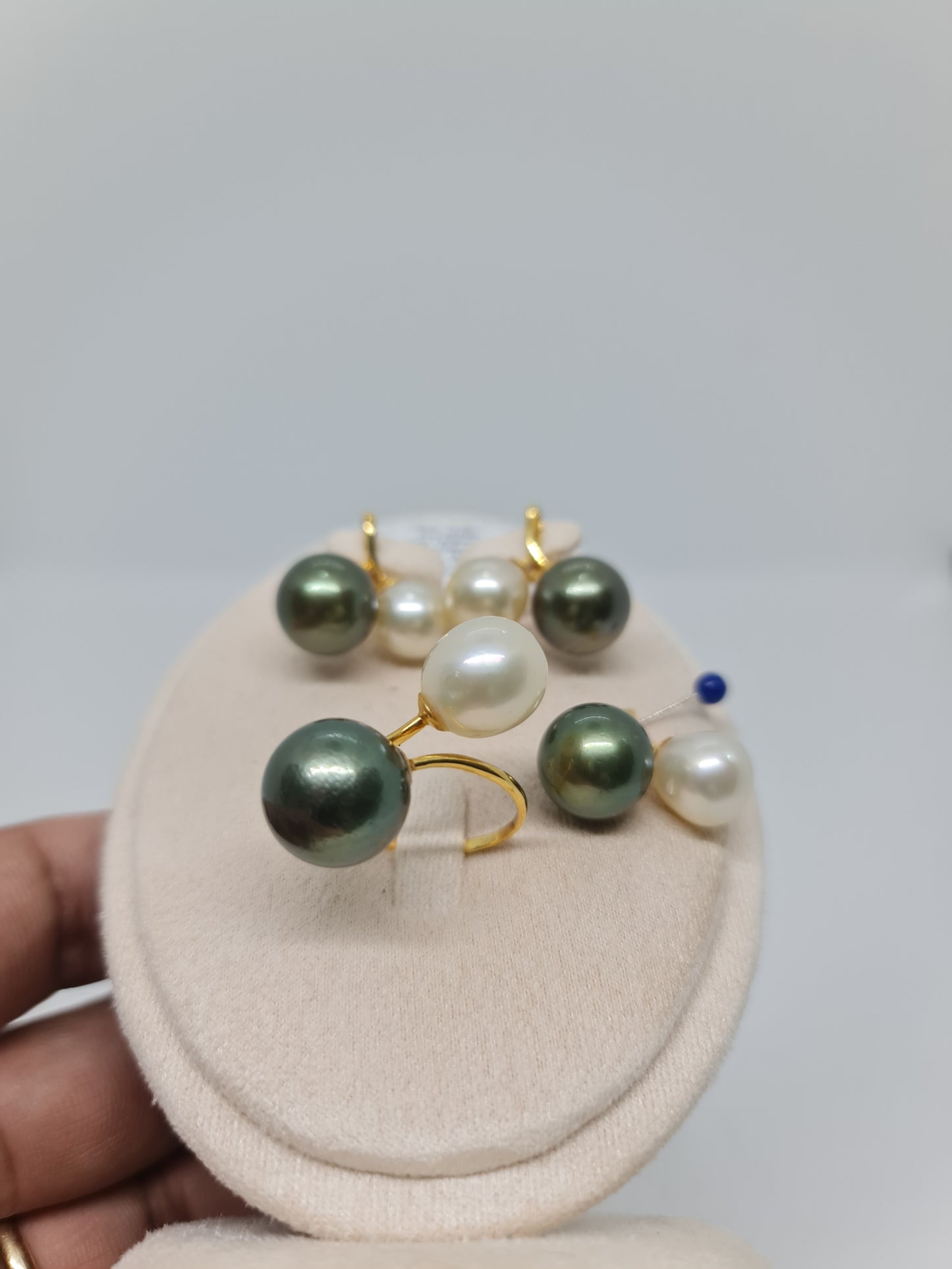 10.3mm to 13.3mm Creamy & Pistachio Green South Sea Pearls Set in 14K Gold