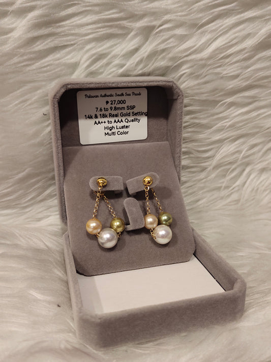 7.6mm to 9.8mm Authentic Multi-color South Sea Pearl Earrings in 14k Real Gold Settings