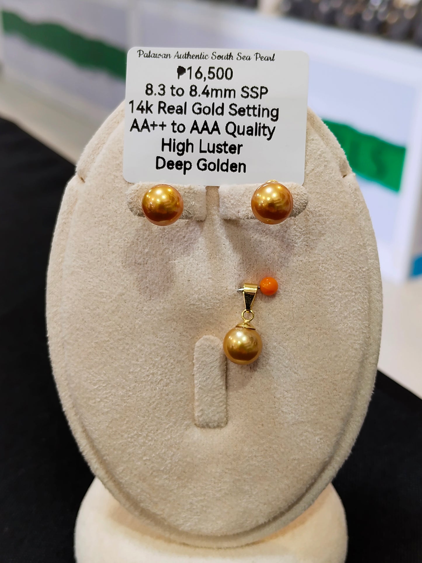 New Arrival! 8.3mm to 8.4mm Authentic Deep Golden Color South Sea Pearl Sets in 14k Real Gold Settings