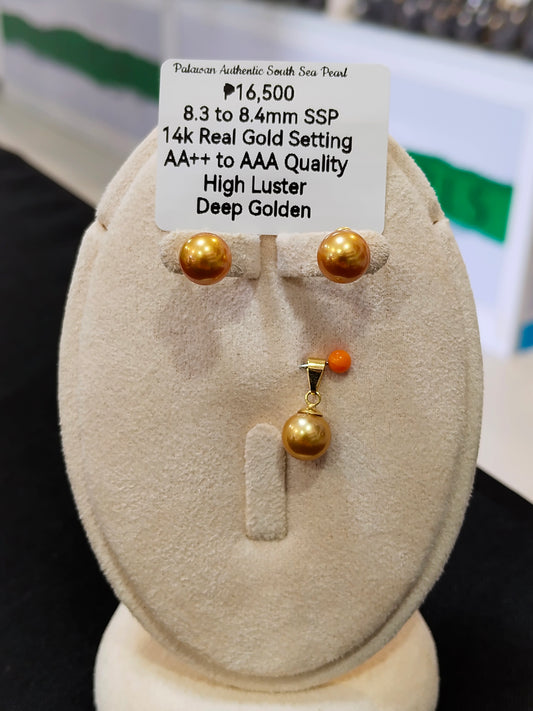 New Arrival! 8.3mm to 8.4mm Authentic Deep Golden Color South Sea Pearl Sets in 14k Real Gold Settings