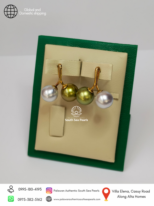 9mm to 10mm Palawan Authentic Pinkish White & Pistachio Green Color South Sea Pearl Earrings in 14k Real Gold Settings