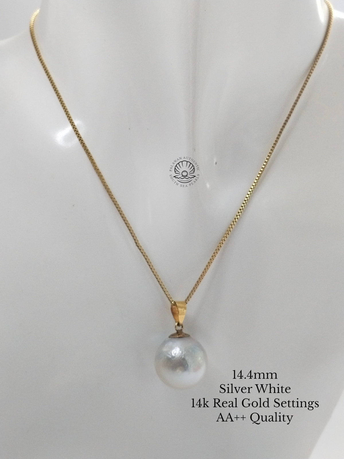 14.4mm Palawan Authentic Silver White Color South Sea Pearl Pendant in 14k Real Gold Settings