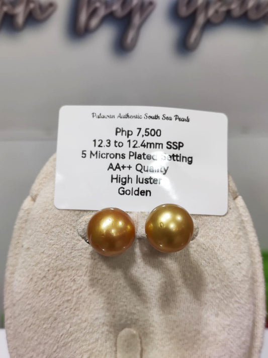 12.3mm to 12.4mm Authentic Golden South Sea Pearls Earrings in 5 Microns Plated Settings