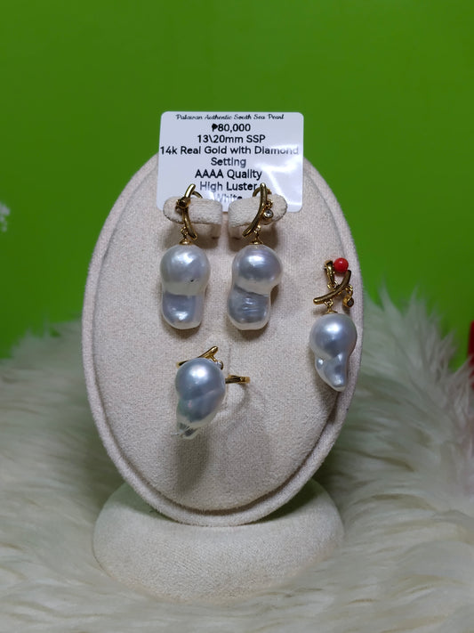 13/20mm Authentic White South Sea Pearl in 14k Real Gold and Diamonds