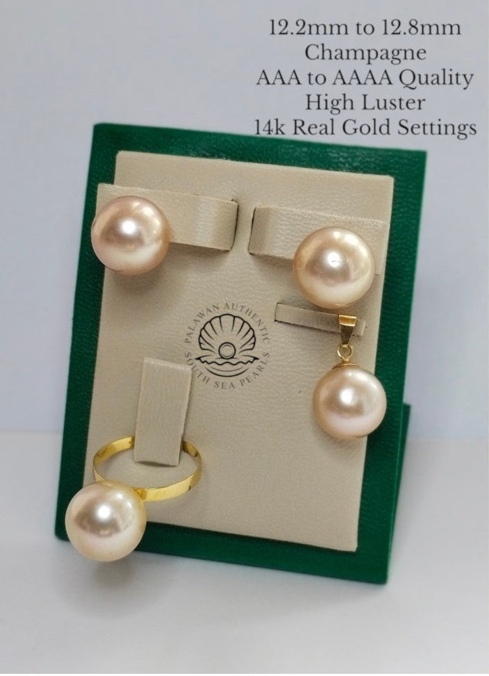 12.2 to 12.8mm Palawan Authentic Golden Color South Sea Pearl Sets in 14k Real Gold Settings