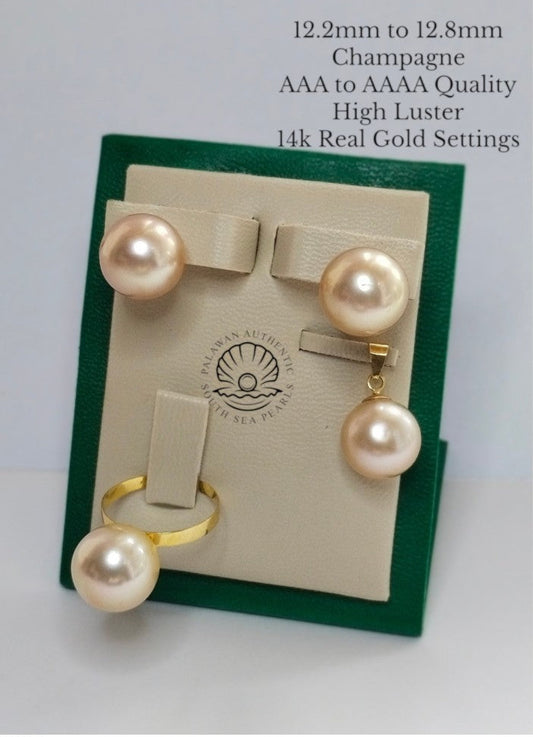 12.2 to 12.8mm Palawan Authentic Golden Color South Sea Pearl Sets in 14k Real Gold Settings